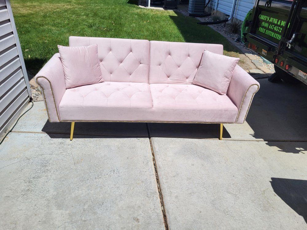 71" Pink Velvet Gold Studded Convertable Sofa Bed *