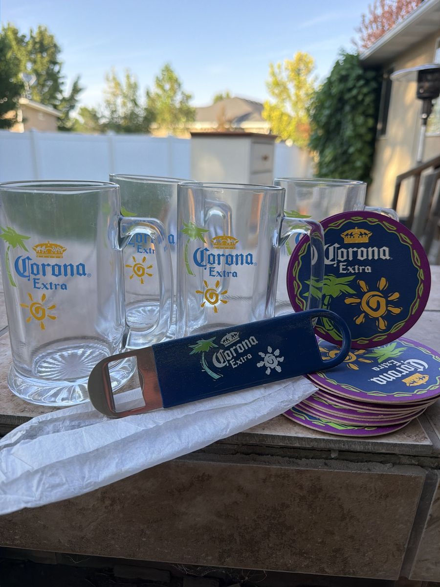 New. Corona Extra Beer Glass Mugs 15 oz Set of 4 with Coasters and Bottle Opener