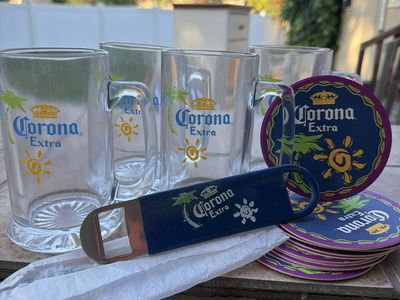 New. Corona Extra Beer Glass Mugs 15 oz Set of 4 with Coasters and Bottle Opener