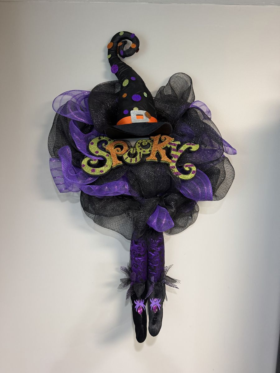 Homemade Halloween Witch Mesh Door Wreath Spooky Sign Mesh Ribbons Decor