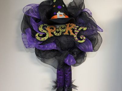 Homemade Halloween Witch Mesh Door Wreath Spooky Sign Mesh Ribbons Decor