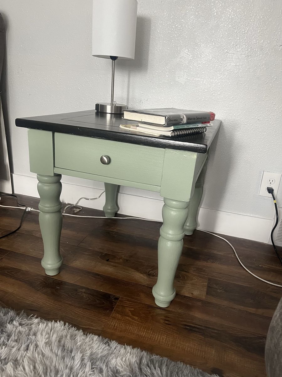 Refinished Sage Green and Black Wooden End Table with Drawer