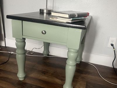 Refinished Sage Green and Black Wooden End Table with Drawer