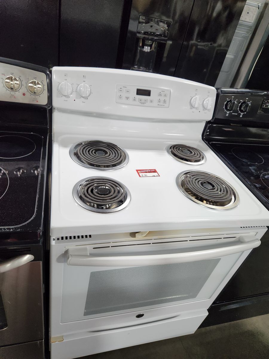 GE White Electric Range Stove with 4 Coil Burners and Digital Display