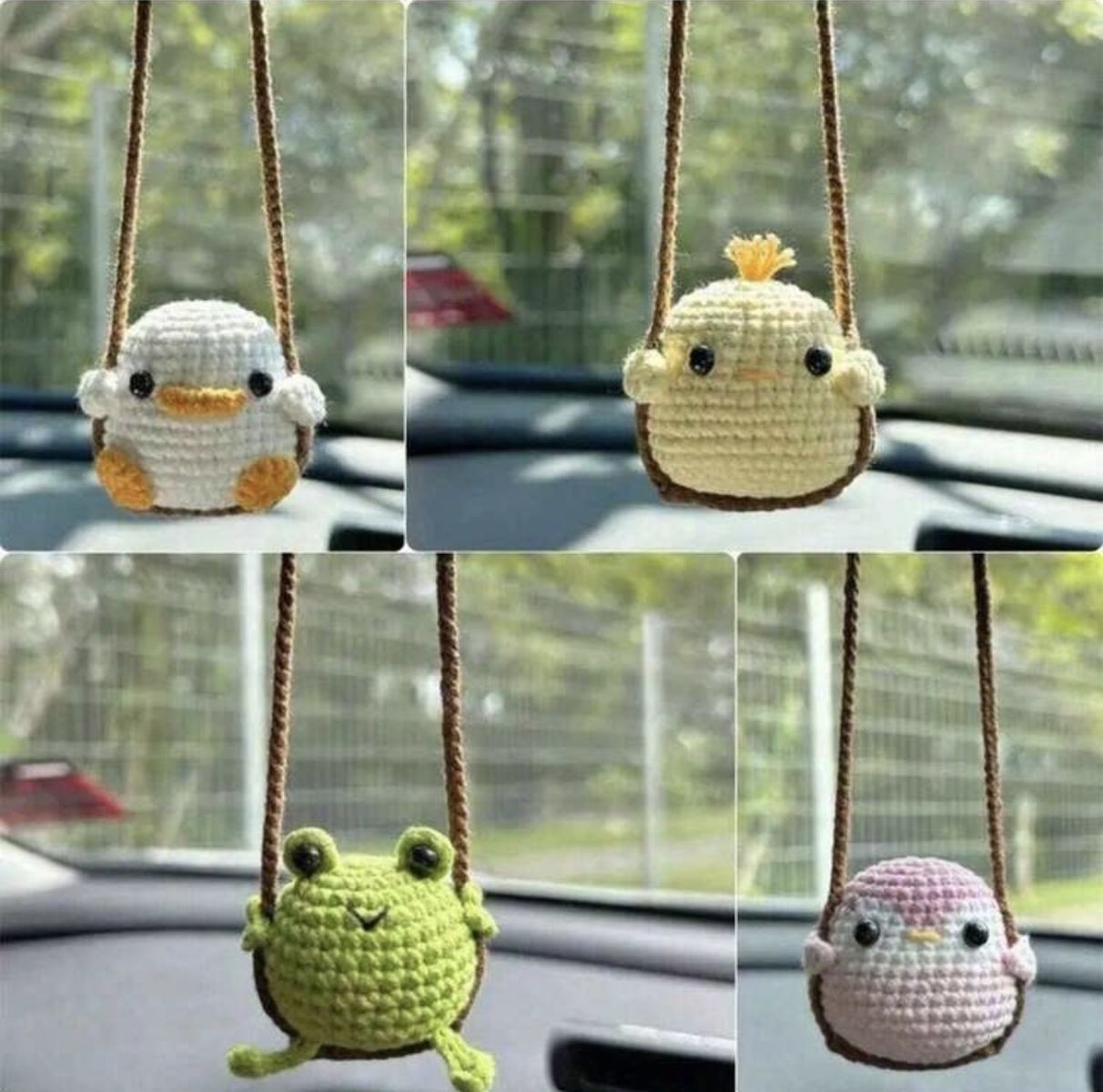 Handmade Crochet Car Rear View Mirror Hanging Ornament - Cute Frog, Duck, Chick, Penguin