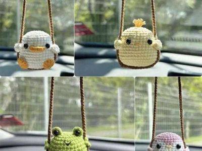 Handmade Crochet Car Rear View Mirror Hanging Ornament - Cute Frog, Duck, Chick, Penguin