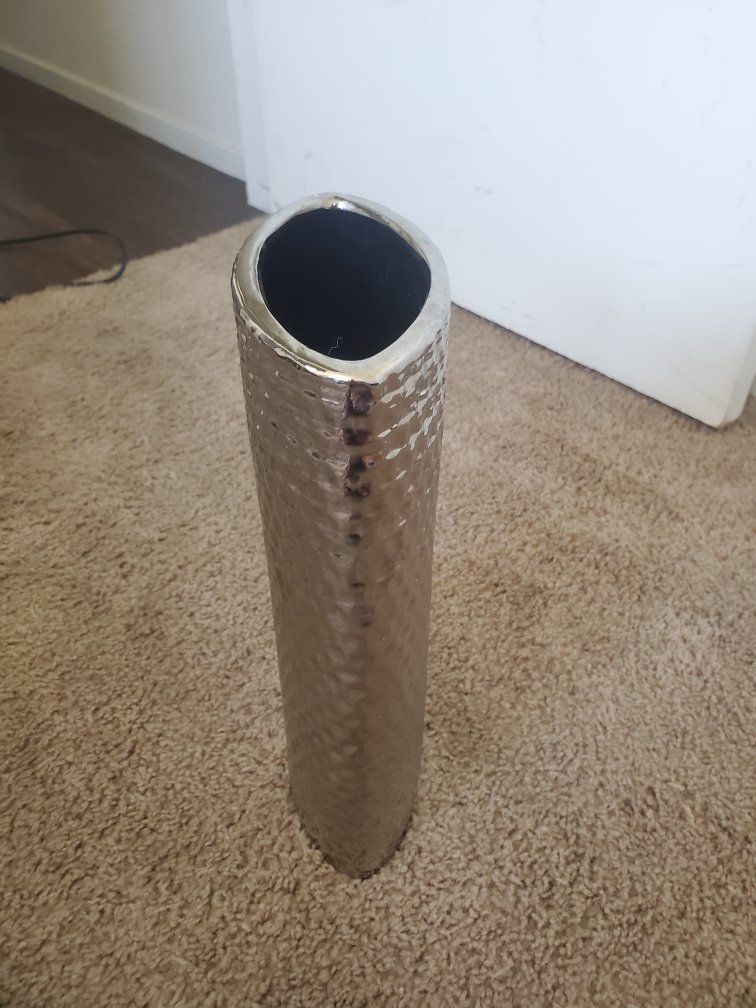 Modern Hammered Metallic Silver Oval Floor Vase