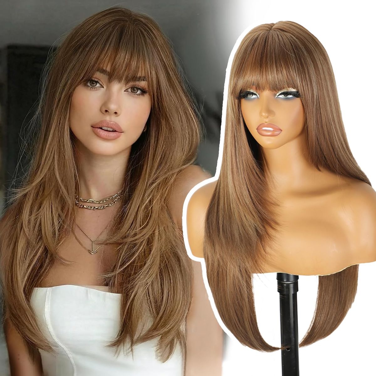 Long Straight Synthetic Wig with Bangs - Layered Blonde/Brown Ombre
