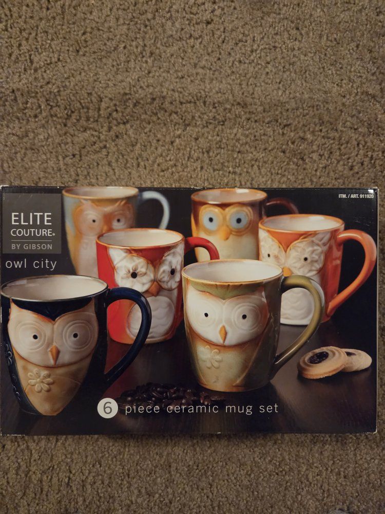 Elite Couture by Gibson Owl City 6-Piece 17oz Ceramic Mug Set - New in Box