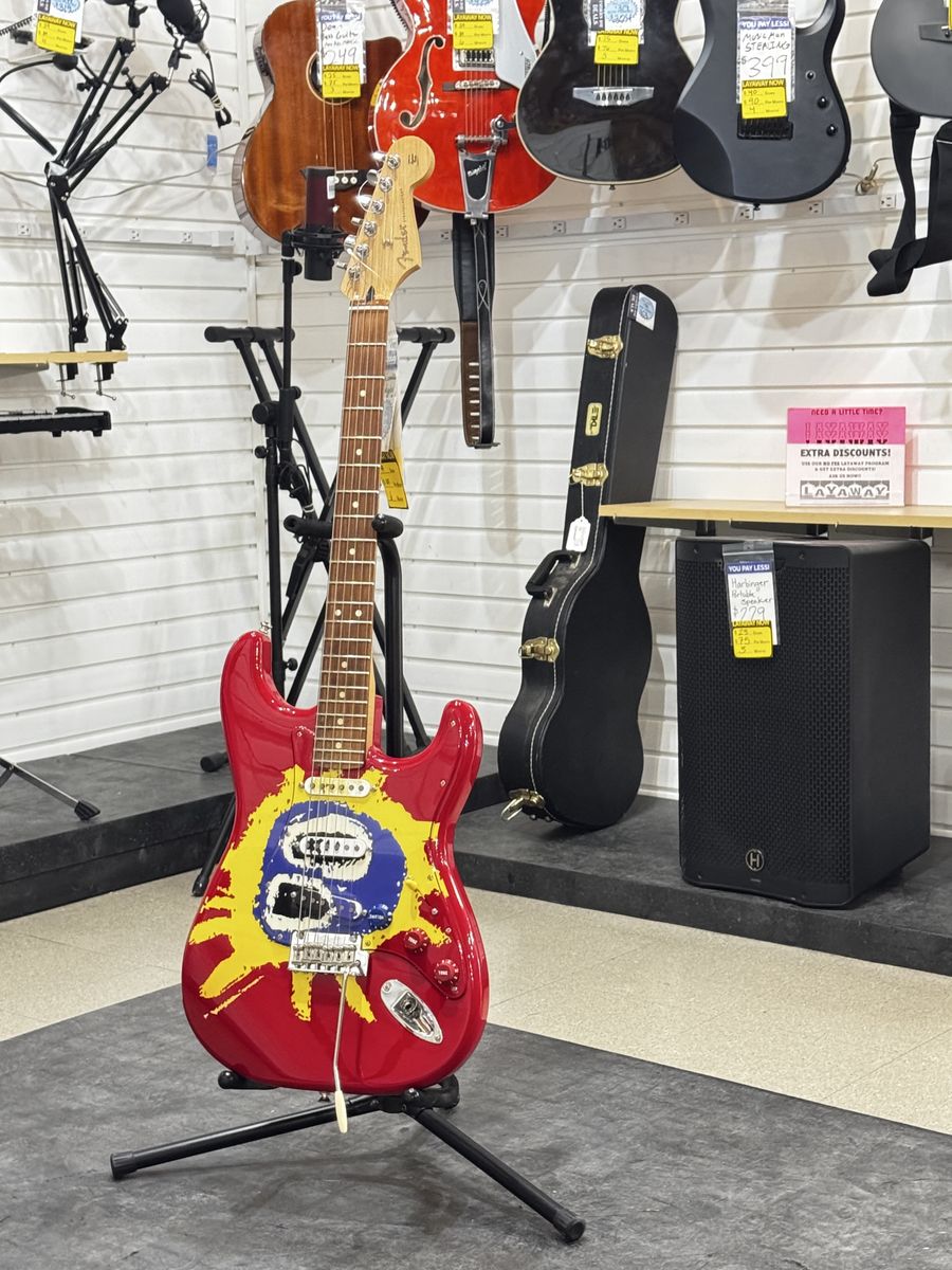 Fender Squier Stratocaster Electric Guitar - Red with Custom Skull Design, Used