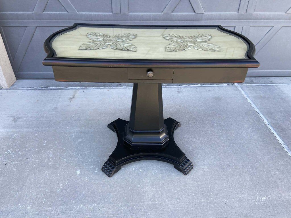 Carved detail glass top table