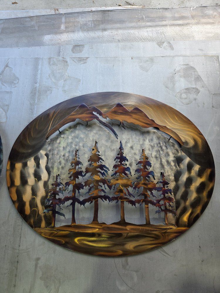 Custom Metal Art Wall Decor - Mountain Pine Tree Forest Scene, Handmade, Unique Finish