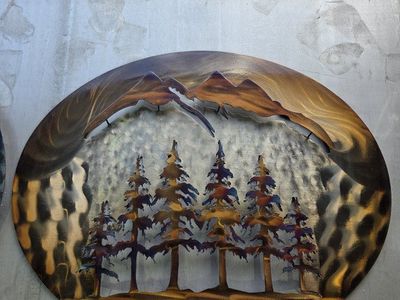 Custom Metal Art Wall Decor - Mountain Pine Tree Forest Scene, Handmade, Unique Finish
