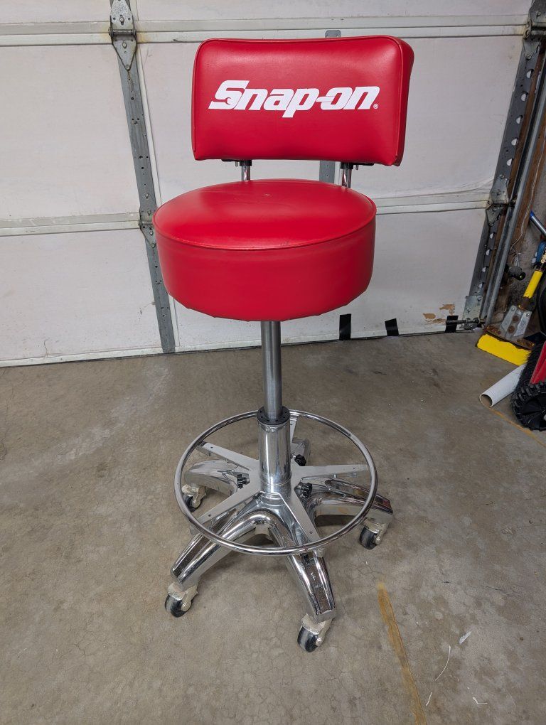 Snap-on Red Rolling Shop Stool with Backrest - Adjustable Height, Swivel Casters