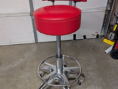 Snap-on Red Rolling Shop Stool with Backrest - Adjustable Height, Swivel Casters