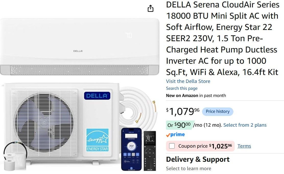 Brand New Della Mini Split 22 SEER2 AC 1.5 ton cools 1000 sqft