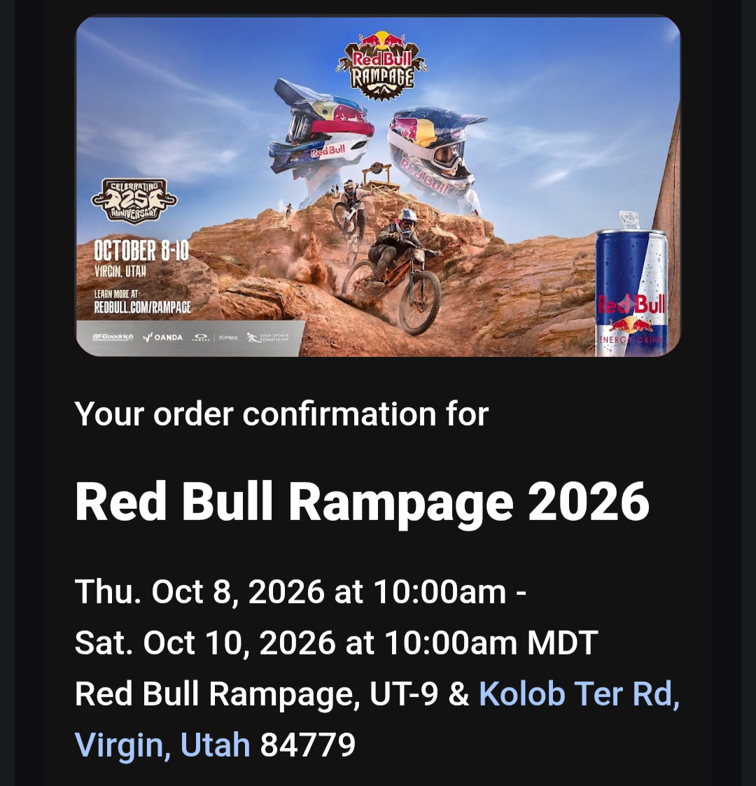 2026 Redbull Rampage 2 day GA+premium parking  