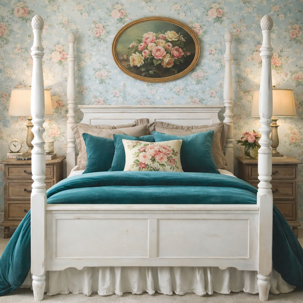 Cottagecore Queen 4 Poster Bed Frame Shabby Chic White French Country Farmhouse