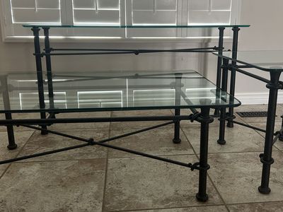 Set of 3 Glass-Top Tables - Giacometti Style 1990's Iron and Glass