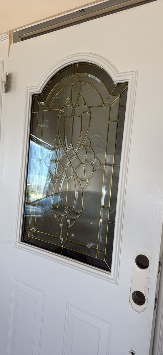 Used White Front Door w/ Decorative Glass Inserts & Hardware - Side Panels Included
