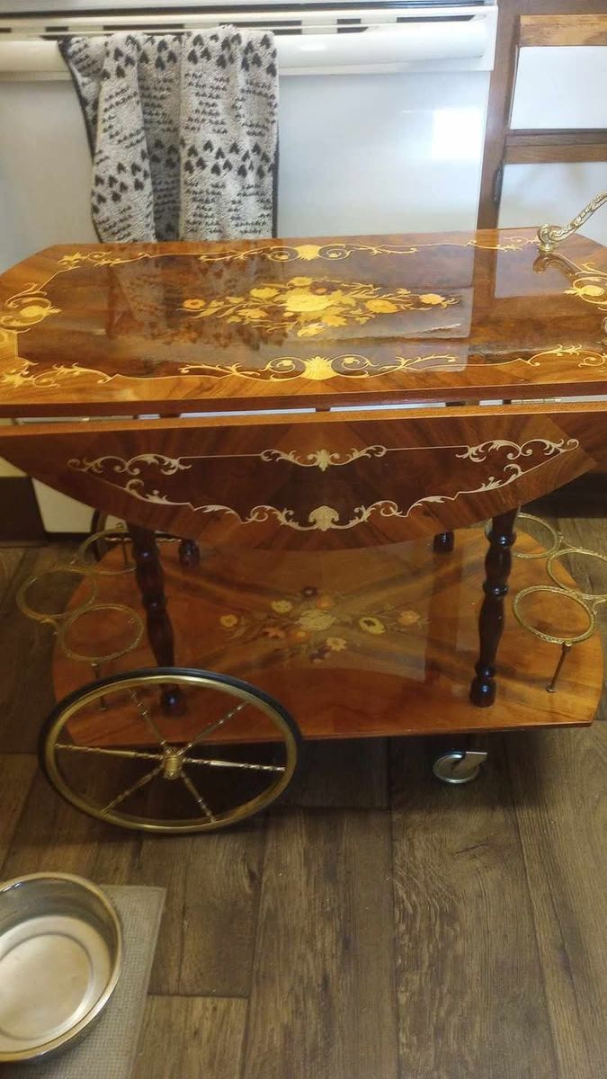 Vintage Italian Inlaid Wood wine Cart Drop Leaf Marquetry