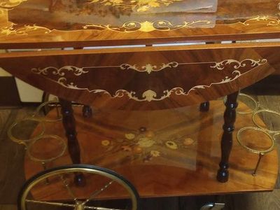 Vintage Italian Inlaid Wood wine Cart Drop Leaf Marquetry