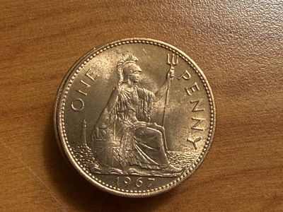 10x 1967 Great Britain One Penny Coins - Uncirculated Bronze, Queen Elizabeth II & Britannia