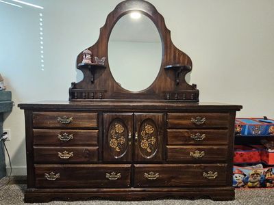 Vintage Wooden Dresser with Attached Mirror and Floral Carved Cabinet Doors