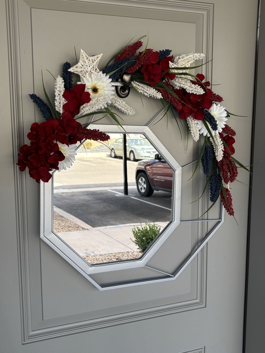 Patriotic Americana Floral Octagon Mirror Wreath - Red, White & Blue Home Decor