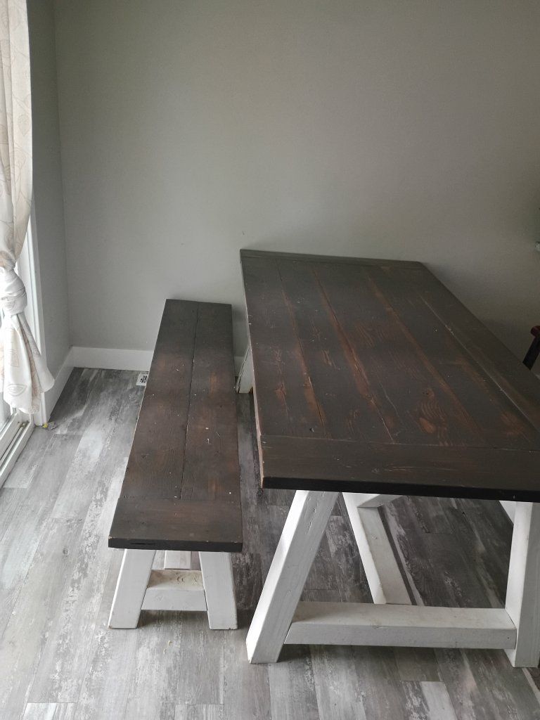 Handmade Farmhouse Dining Table with 2 Benches - Dark Wood Top, White Base