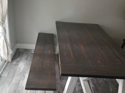 Handmade Farmhouse Dining Table with 2 Benches - Dark Wood Top, White Base