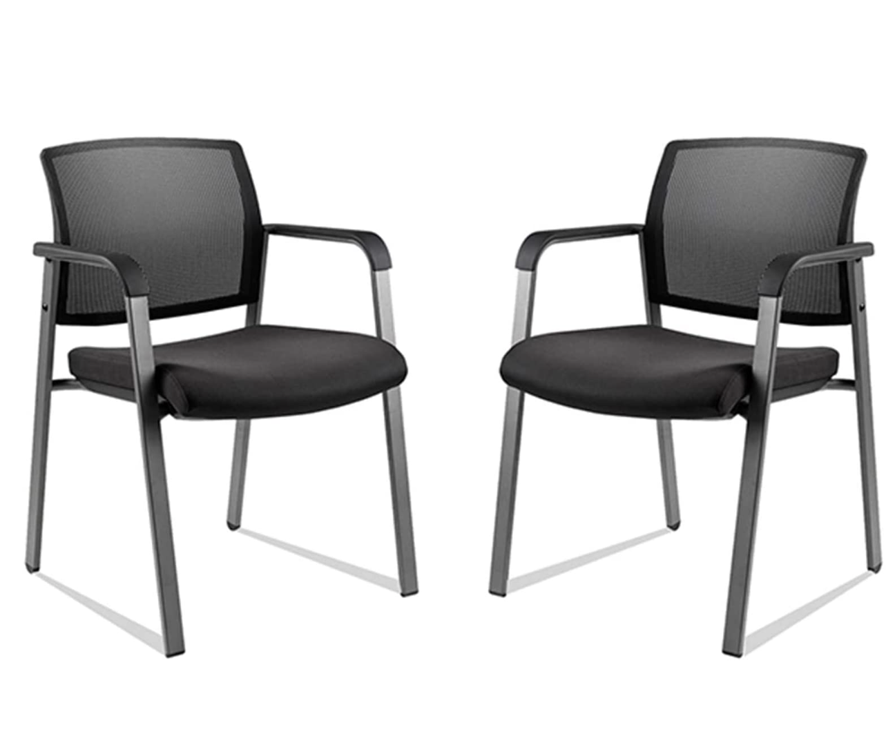 NEW Set of Two Mesh Back Stacking Arm Chairs Upholstered Fabric Seat Ergonomic Lumbar Support