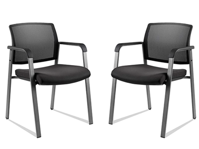 NEW Set of Two Mesh Back Stacking Arm Chairs Upholstered Fabric Seat Ergonomic Lumbar Support