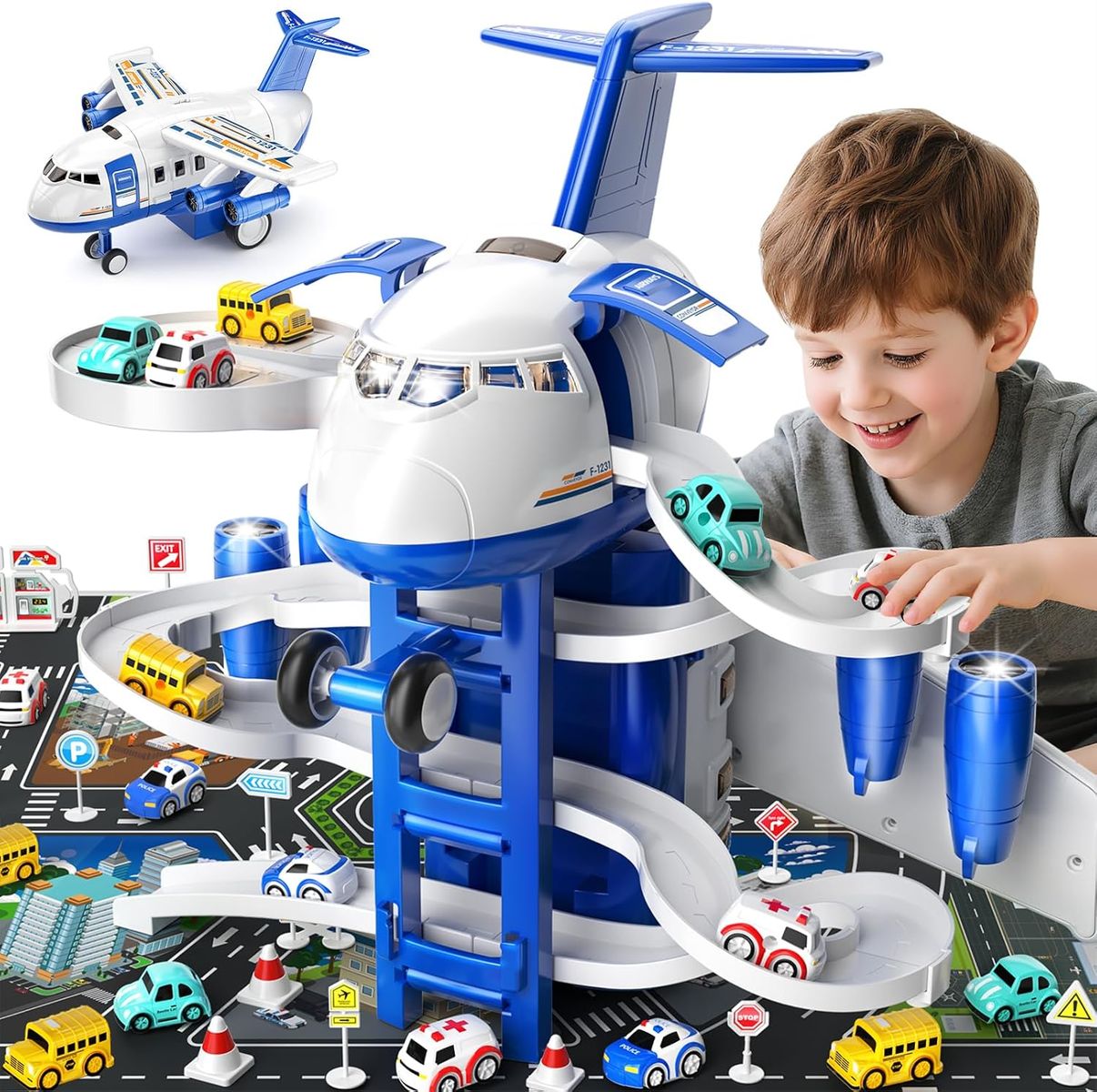 NEW Airplane Toys for Toddlers 2-4 - Boy Toy Car Race Tracks for Kids Ages 3-5 with 8 Small Car Toys