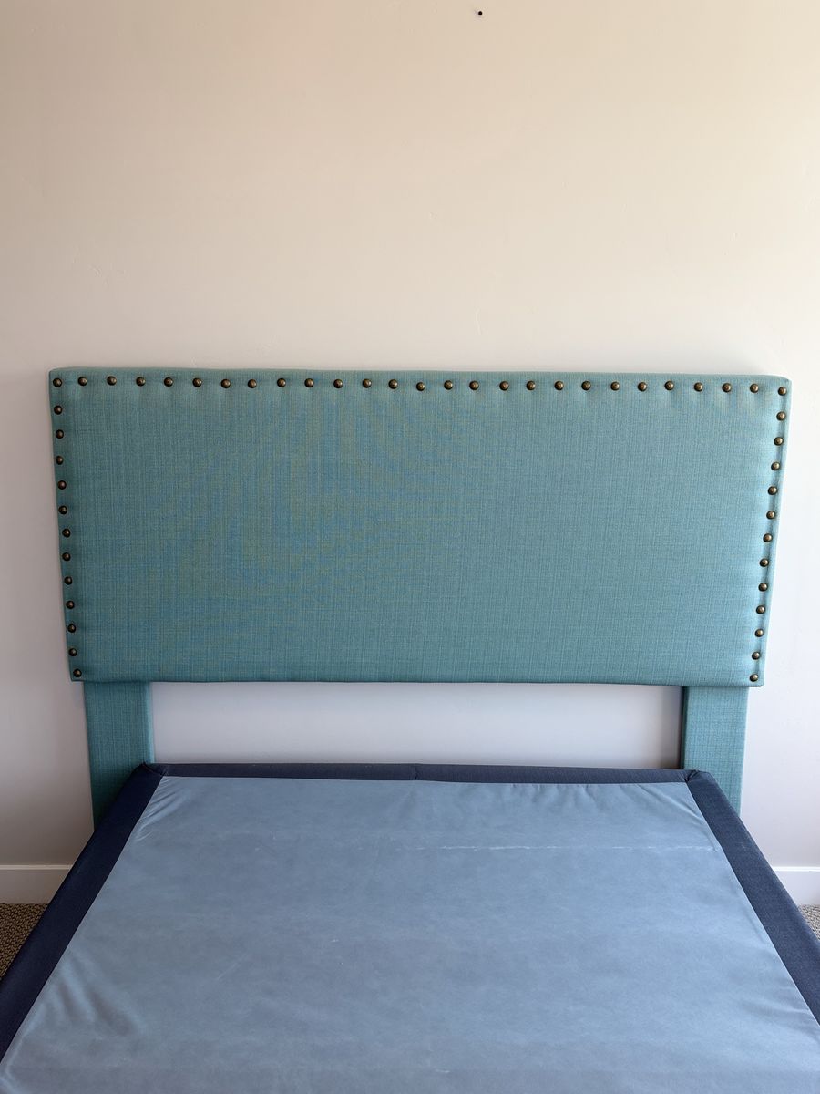 Upholstered Queen or Full Size Headboard - Teal Linen with Nailhead Trim