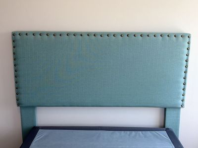 Upholstered Queen or Full Size Headboard - Teal Linen with Nailhead Trim