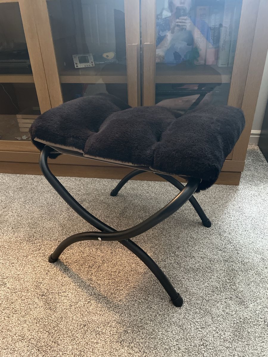 Black Faux Fur Folding Ottoman Stool with Curved Metal Frame