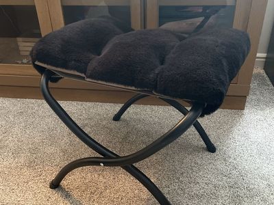 Black Faux Fur Folding Ottoman Stool with Curved Metal Frame