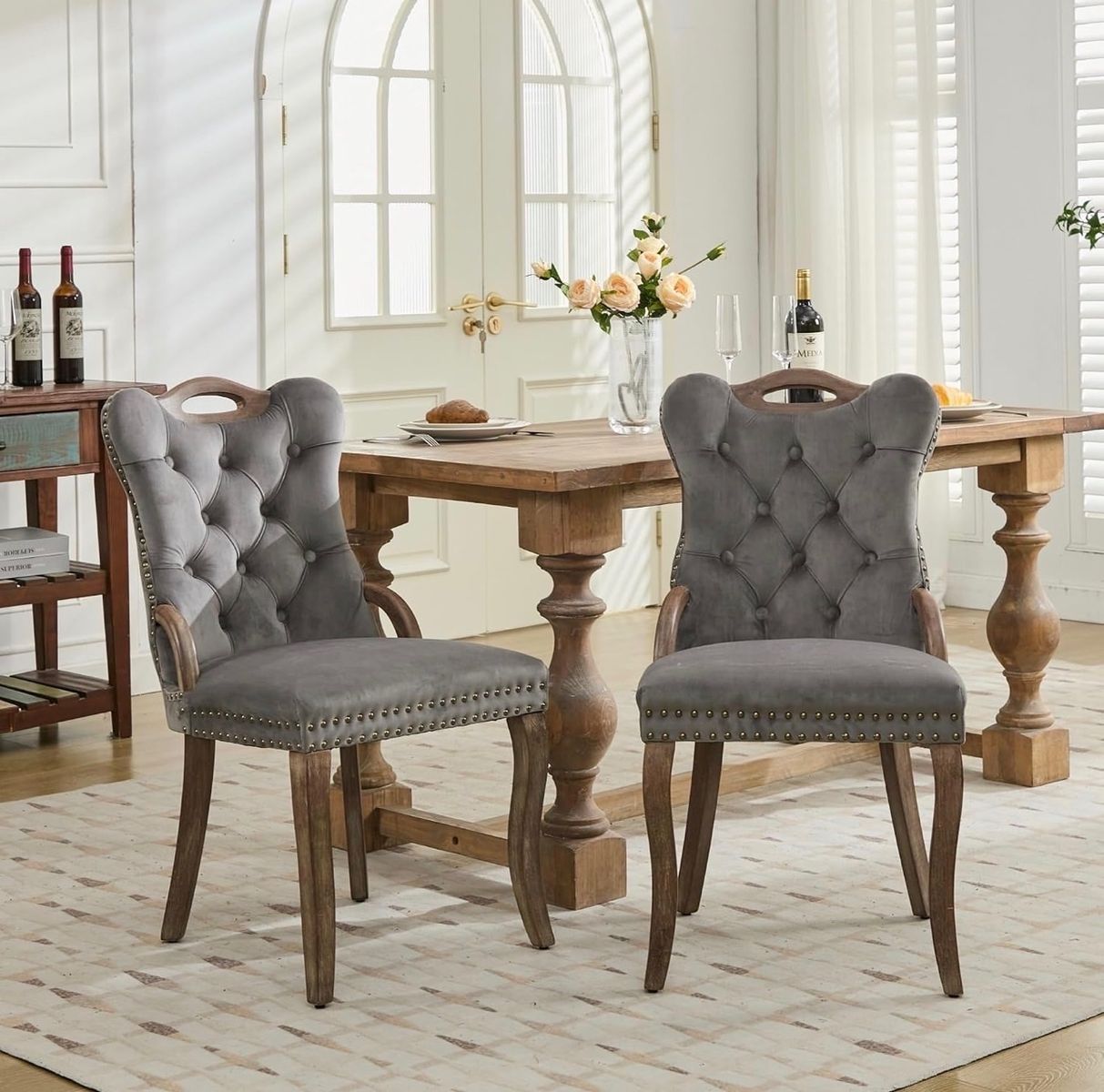 Brand new Set of 2 Grey Tufted Velvet Dining Chairs with Nailhead Trim & Wood Legs - Elegant Accent Chairs