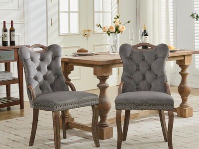 Brand new Set of 2 Grey Tufted Velvet Dining Chairs with Nailhead Trim & Wood Legs - Elegant Accent Chairs