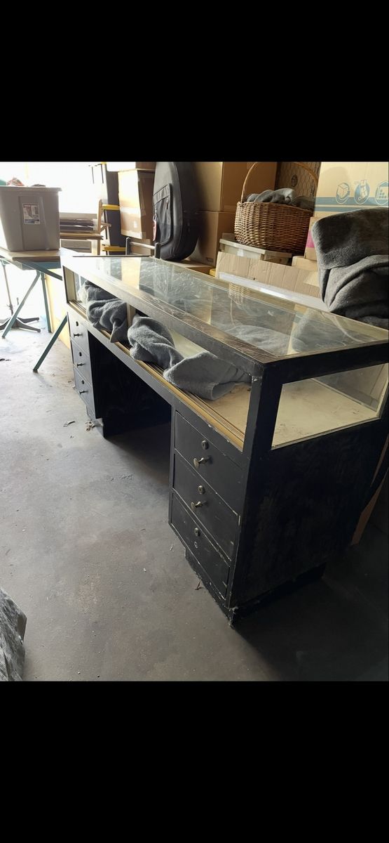 Vintage Black Wooden Store Display Counter Case with Glass Top & Drawers