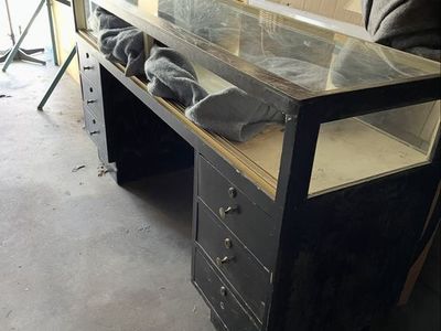 Vintage Black Wooden Store Display Counter Case with Glass Top & Drawers