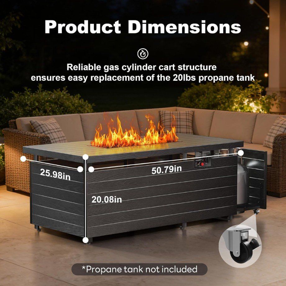 Outdoor Gas Fire Pit Table, Propane Tank Storage, 50.79in L x 25.98in W x 20.08in H