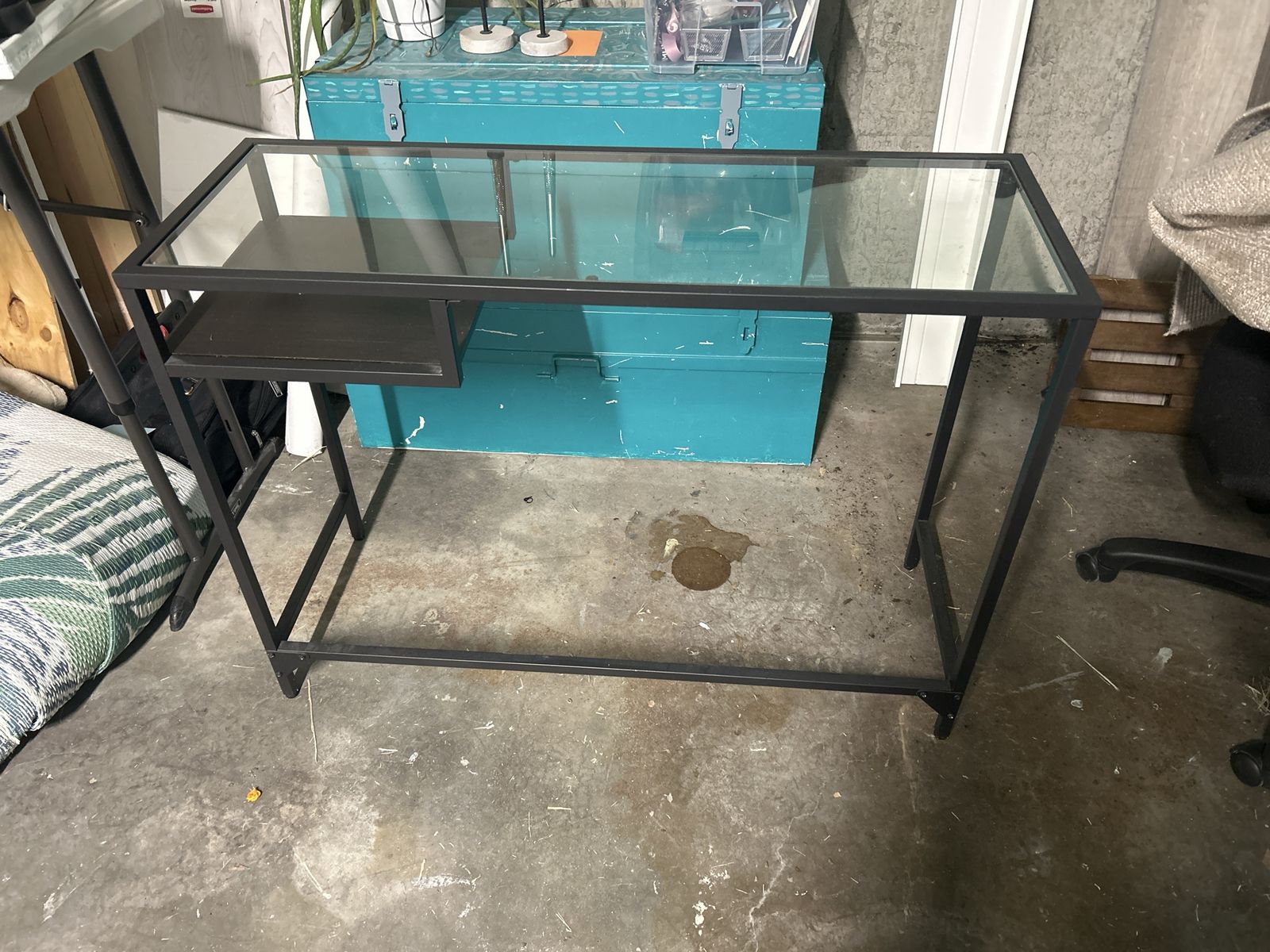 IKEA desk glass countertop and wooden shelves