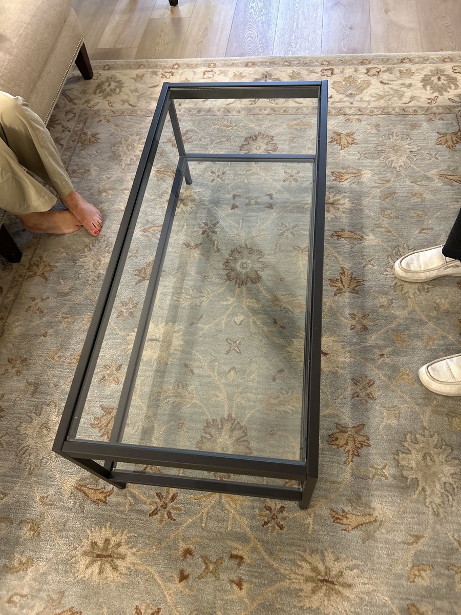 Modern Glass Top Console Table - Black Metal Frame, Sleek Design