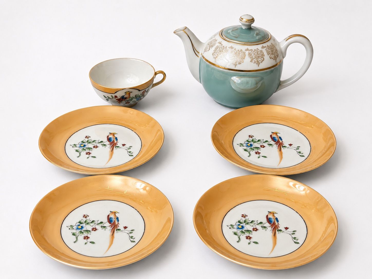 Vintage Japanese Lusterware Tea Set with Phoenix Bird & Floral Design - Teapot, Cup & 4 Saucers