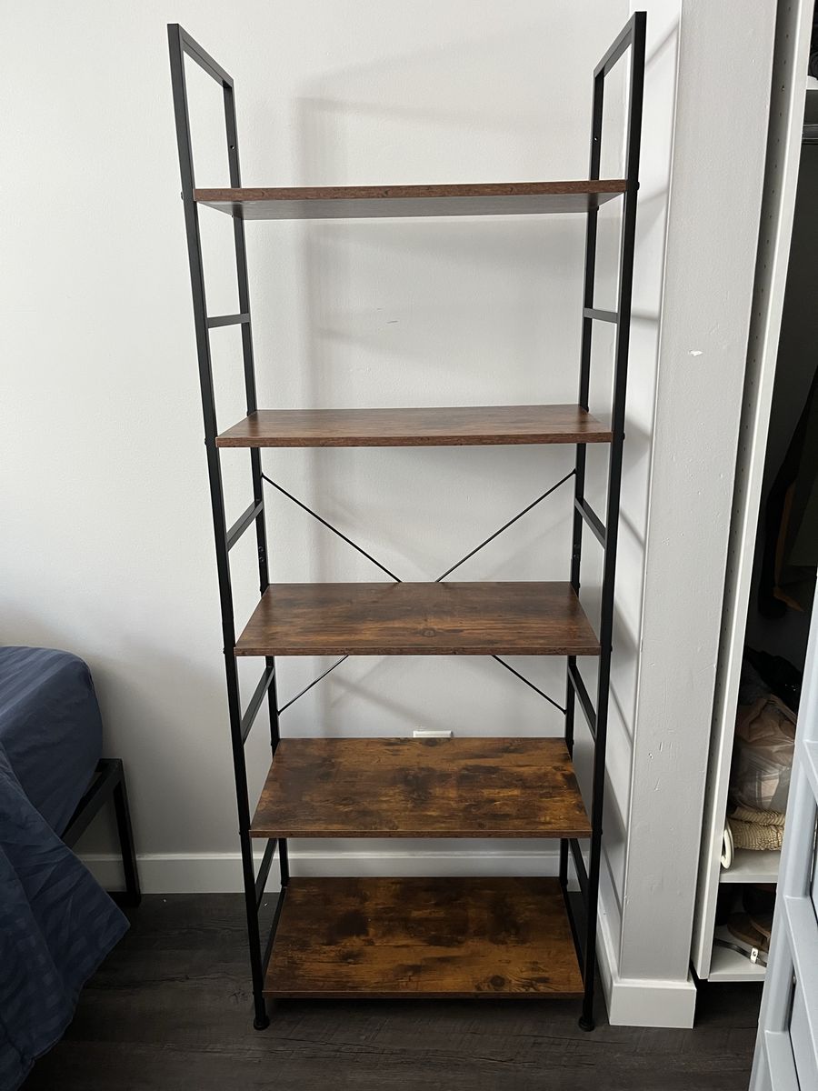Industrial Style 5-Tier Bookshelf - 62.2" Tall, Brown Wood Finish & Black Metal Frame