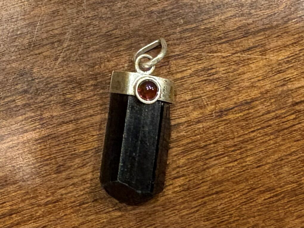 Tourmaline Crystal Pendant W/ Sterling & Garnet
