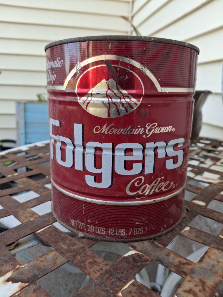 Vintage Folgers Coffee Can - Automatic Drip, Mountain Grown, 39 Oz. Red Tin