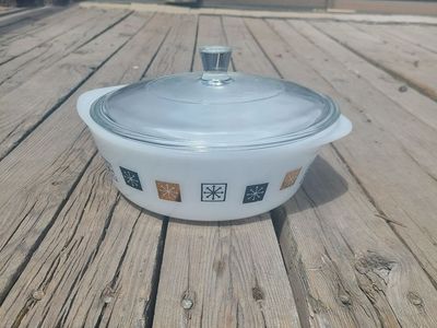 Vintage Inland Glass Atomic Starburst 2-Qt Covered Casserole Dishes - matching pair